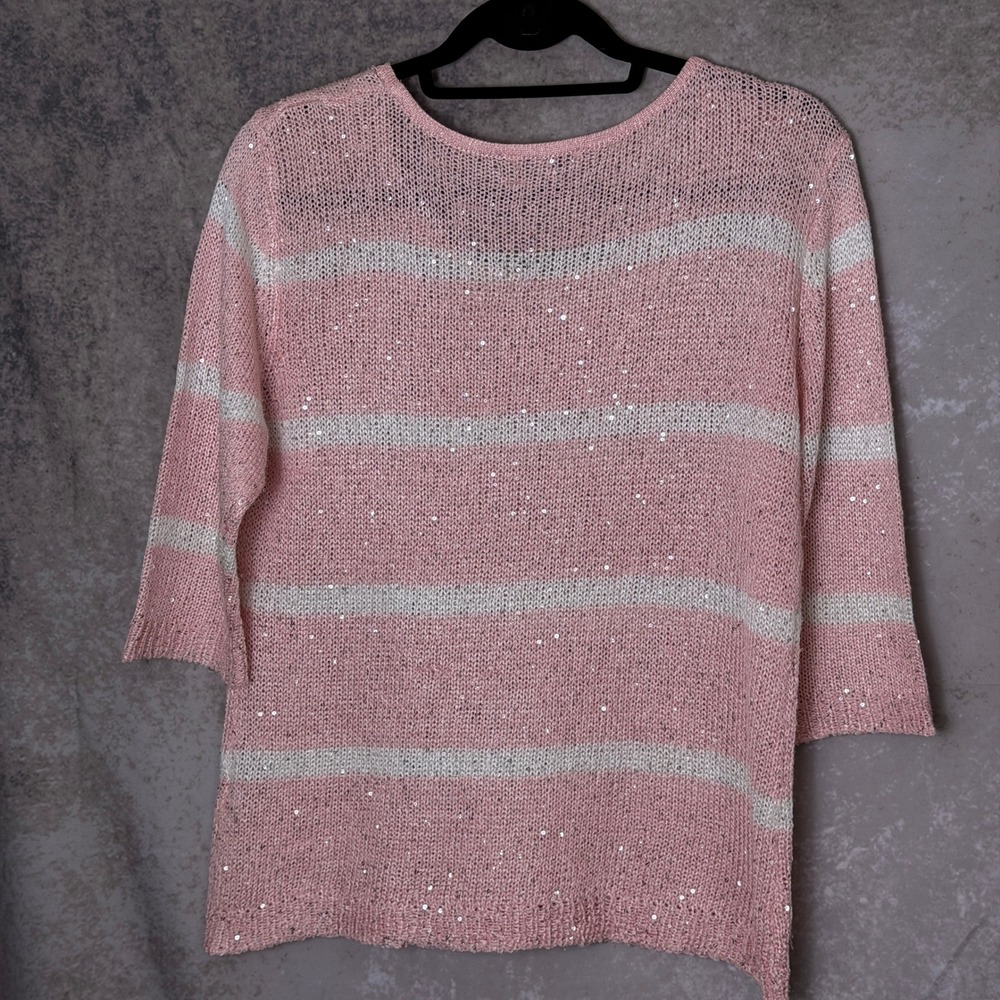 Avalin Women's Large Pink White Striped Sequin Knit Sweater 3/4 Sleeve - Picture 2 of 7